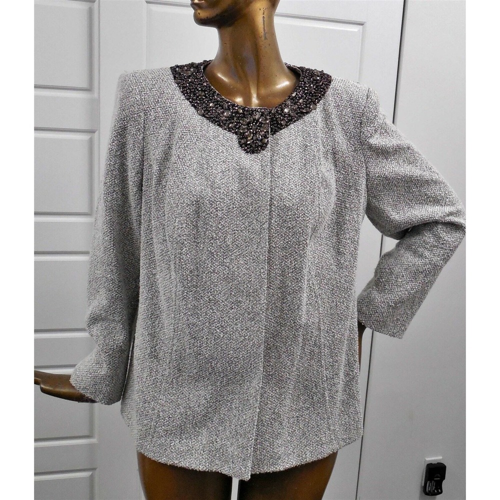 Lafayette 148 White Silver‎ Black Tweed Knit Beaded Jewel Jacket sz 16